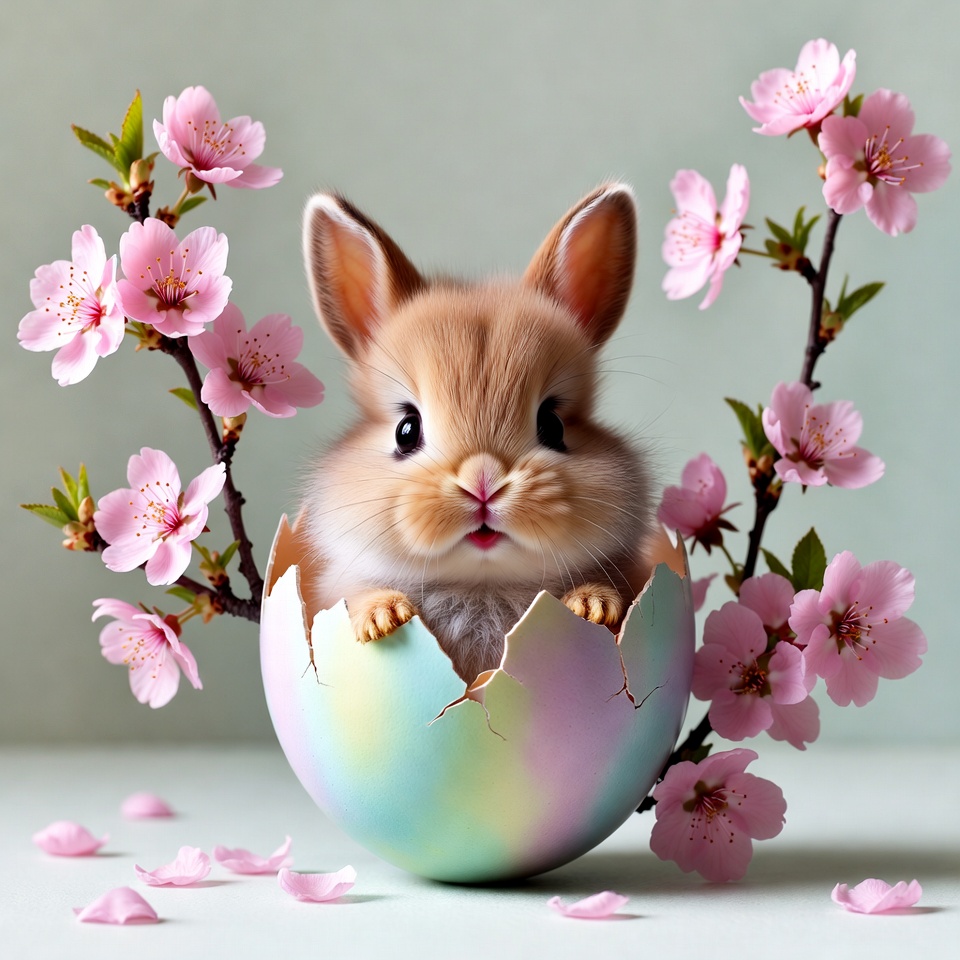 Cute bunny hatching from Easter egg Cute bunny hatching from Easter egg