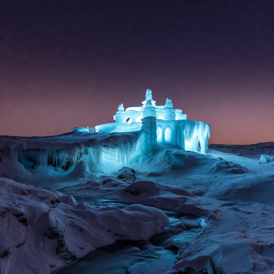 Illuminated Ice Castle in Snowy Night Illuminated Ice Castle in Snowy Night