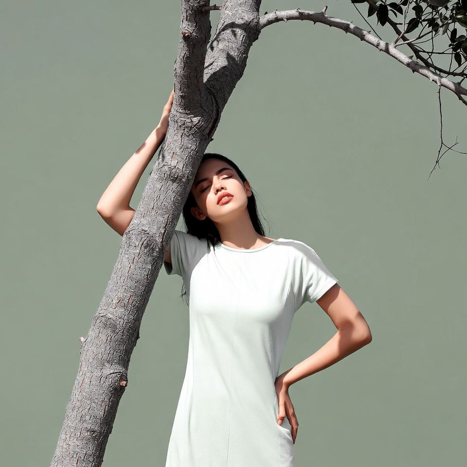 Asian woman leaning on tree Asian woman leaning on tree