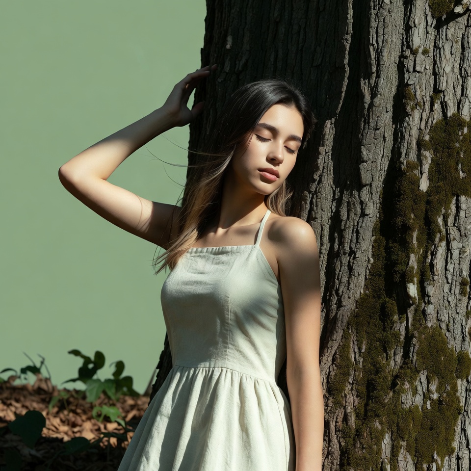 Asian woman leaning against tree Asian woman leaning against tree