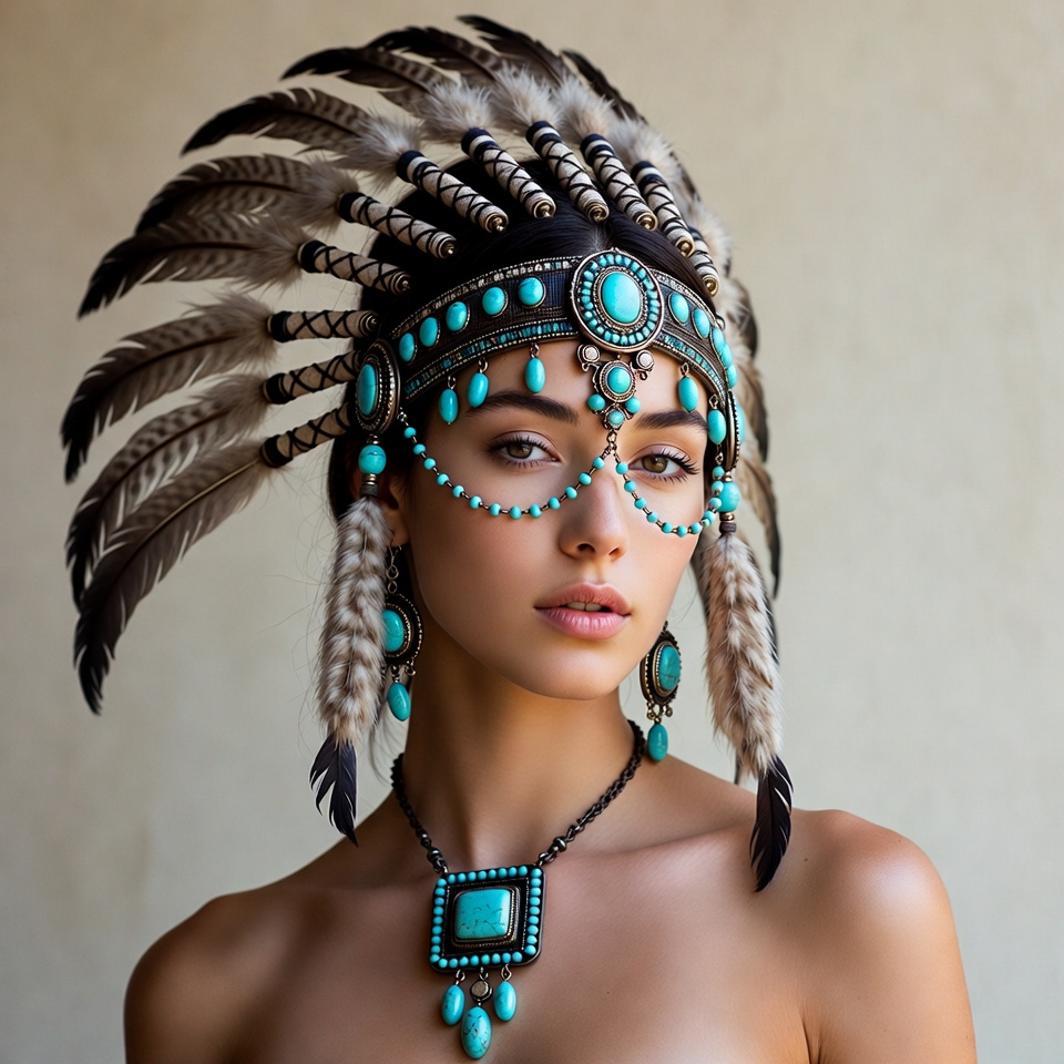 Woman in turquoise Native American headdress Woman in turquoise Native American headdress