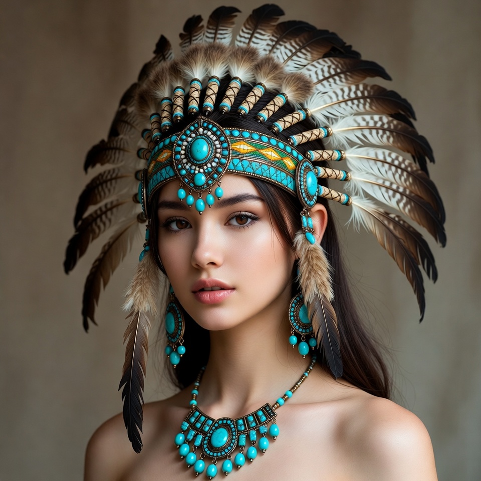 Woman in turquoise Native American headdress Woman in turquoise Native American headdress