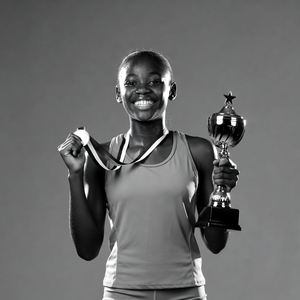African-American woman holding trophy medal African-American woman holding trophy medal