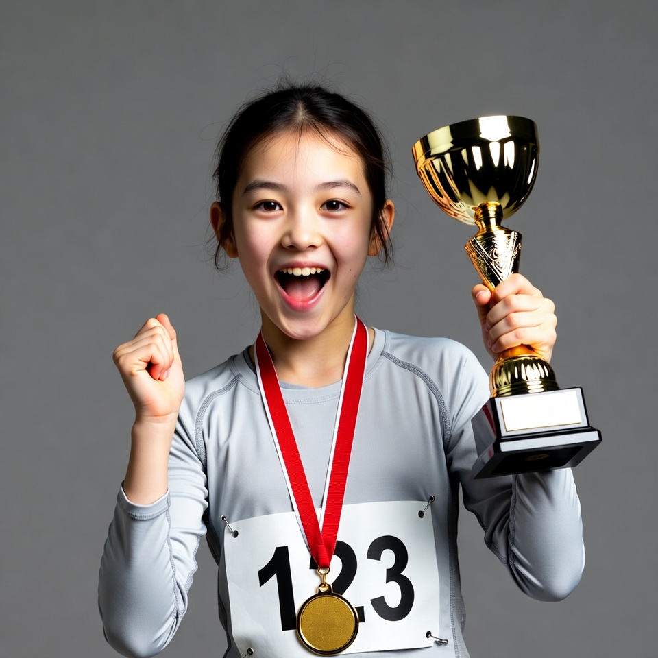 Asian girl holding gold trophy Asian girl holding gold trophy