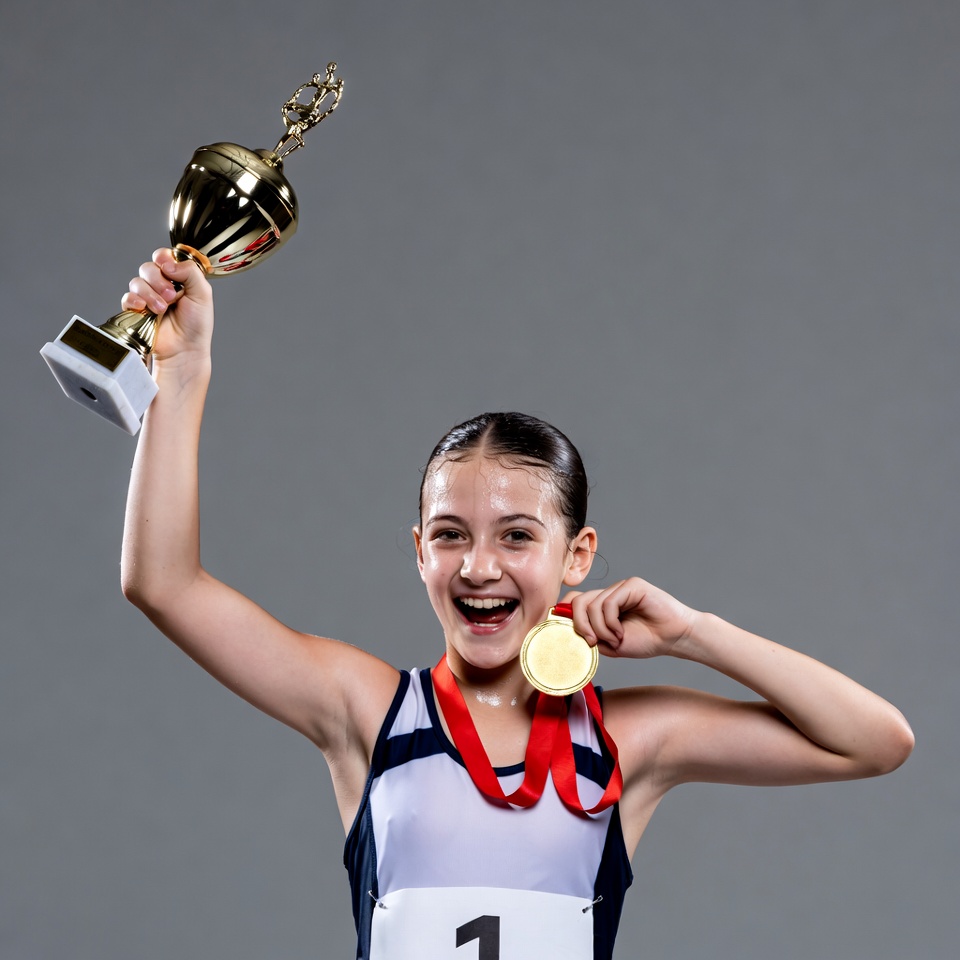 Girl holding trophy and gold medal Girl holding trophy and gold medal