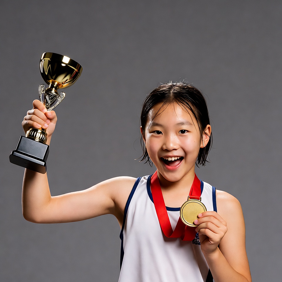 Asian girl holding trophy and gold medal Asian girl holding trophy and gold medal