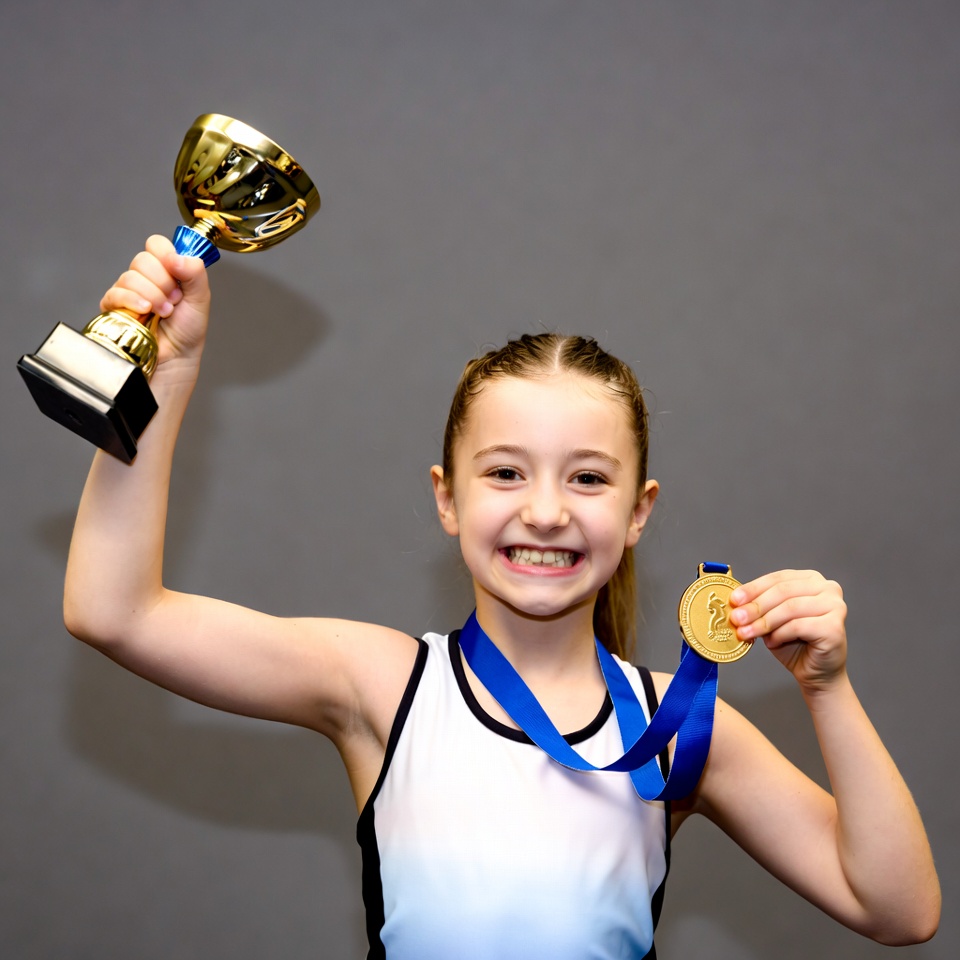 Girl holding trophy and medal Girl holding trophy and medal