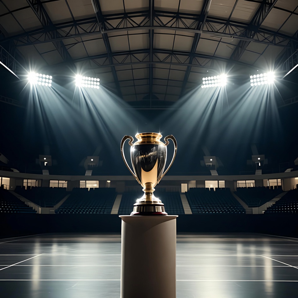 Golden Trophy on Pedestal in Spotlighted Arena Golden Trophy on Pedestal in Spotlighted Arena