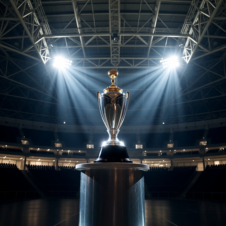 Shiny Trophy on Podium in Stadium Shiny Trophy on Podium in Stadium