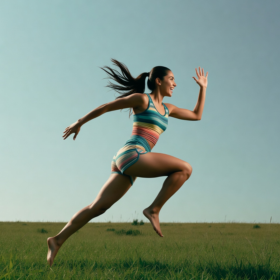 Latina woman running in striped athletic wear Latina woman running in striped athletic wear