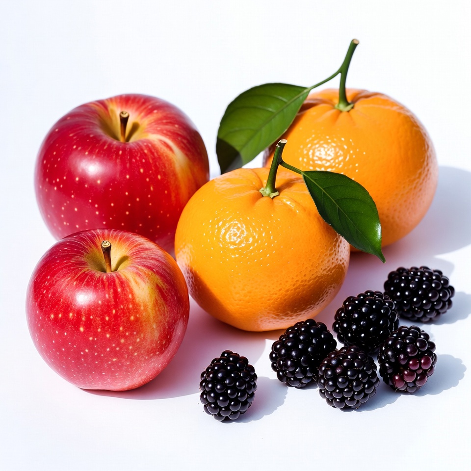 Red Apples Oranges Blackberries on White Red Apples Oranges Blackberries on White