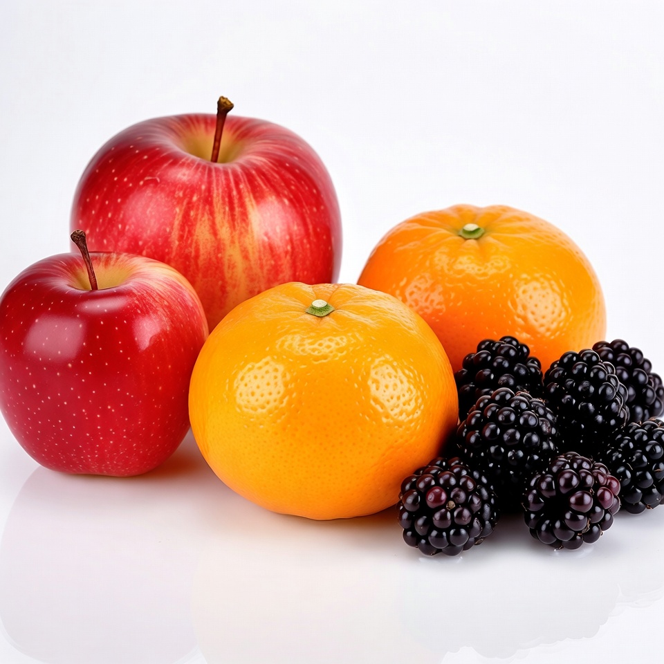 Red Apples Oranges Blackberries White Background Red Apples Oranges Blackberries White Background