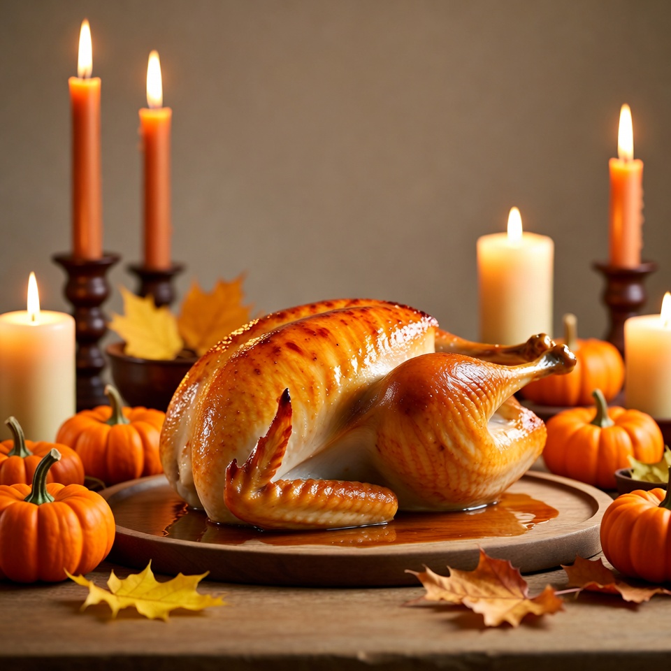 Roasted Turkey with Candles and Pumpkins Roasted Turkey with Candles and Pumpkins