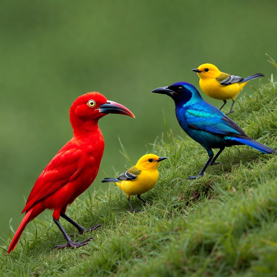 Red, Blue, Yellow Birds on Grass Red, Blue, Yellow Birds on Grass
