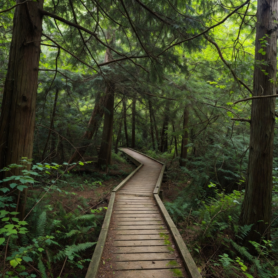 Wooden Boardwalk in Lush Forest Wooden Boardwalk in Lush Forest