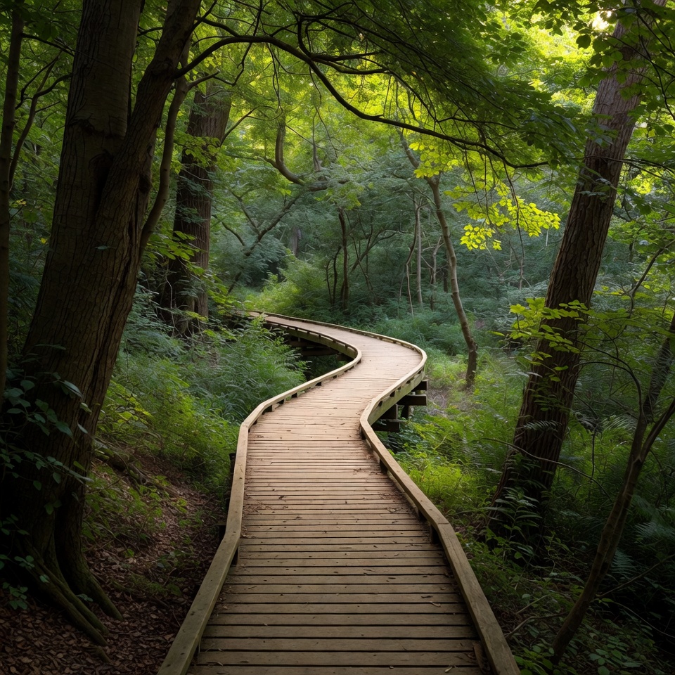 Curving Wooden Boardwalk in Forest Curving Wooden Boardwalk in Forest