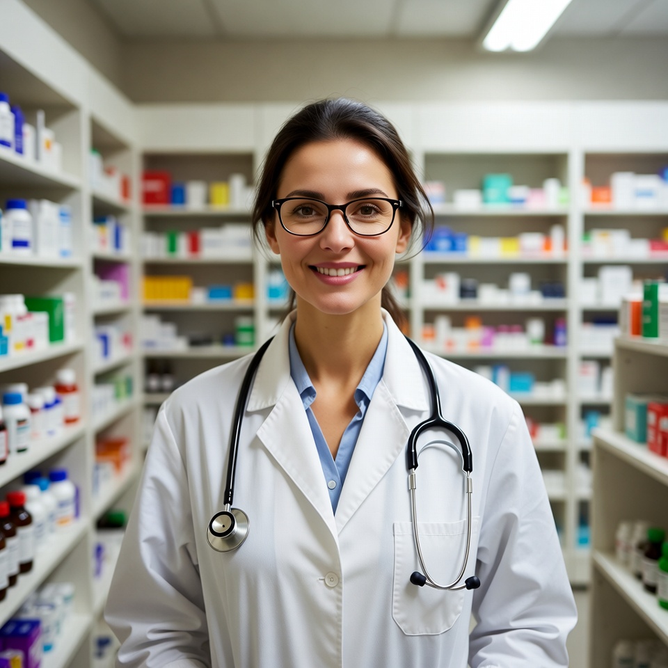 Smiling female pharmacist in lab coat Smiling female pharmacist in lab coat