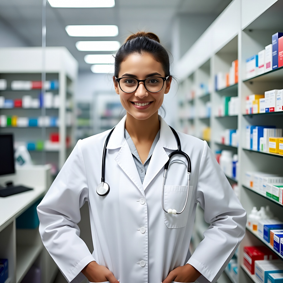 Smiling female pharmacist in lab coat Smiling female pharmacist in lab coat