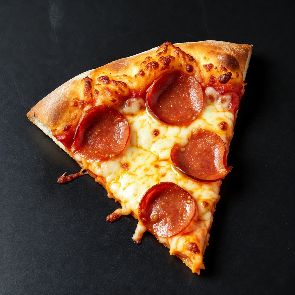 Pepperoni Pizza Slice on Black Background Pepperoni Pizza Slice on Black Background
