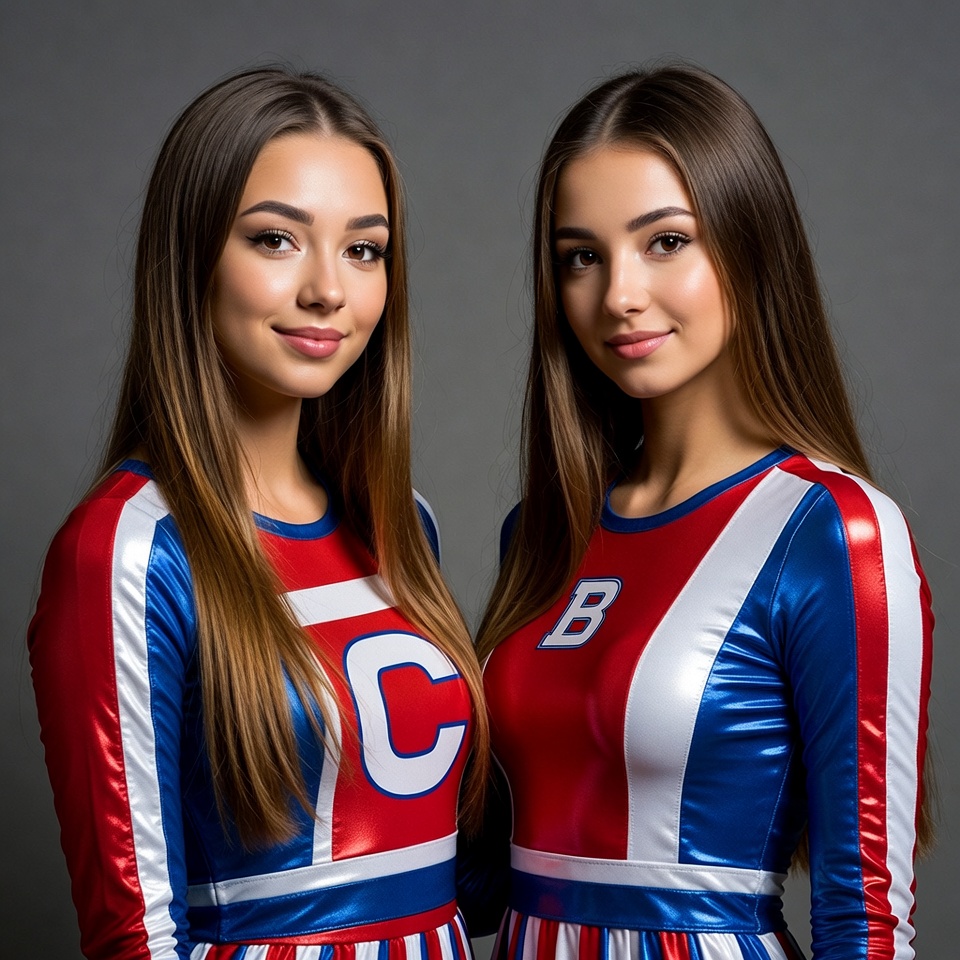Twin cheerleaders in red white blue uniforms Twin cheerleaders in red white blue uniforms