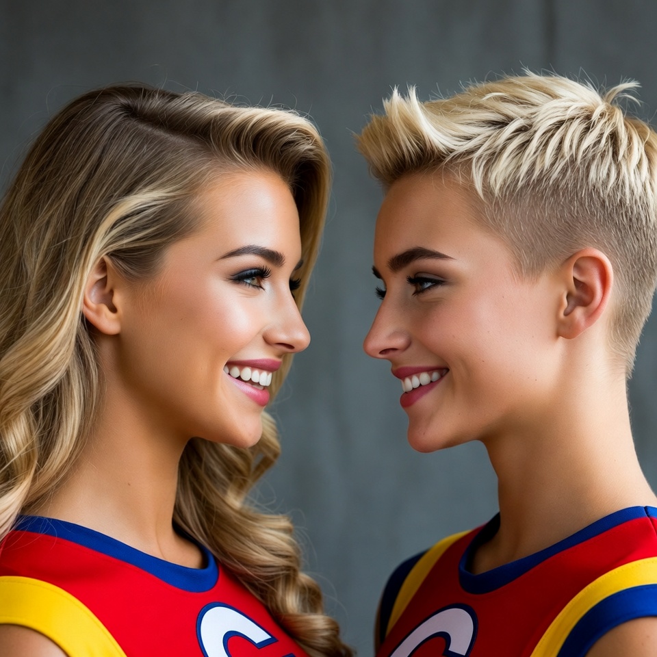 Two Blonde Cheerleader Women Smiling Side Profile Two Blonde Cheerleader Women Smiling Side Profile