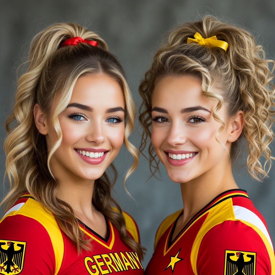 Two blonde women in German cheerleader uniforms Two blonde women in German cheerleader uniforms