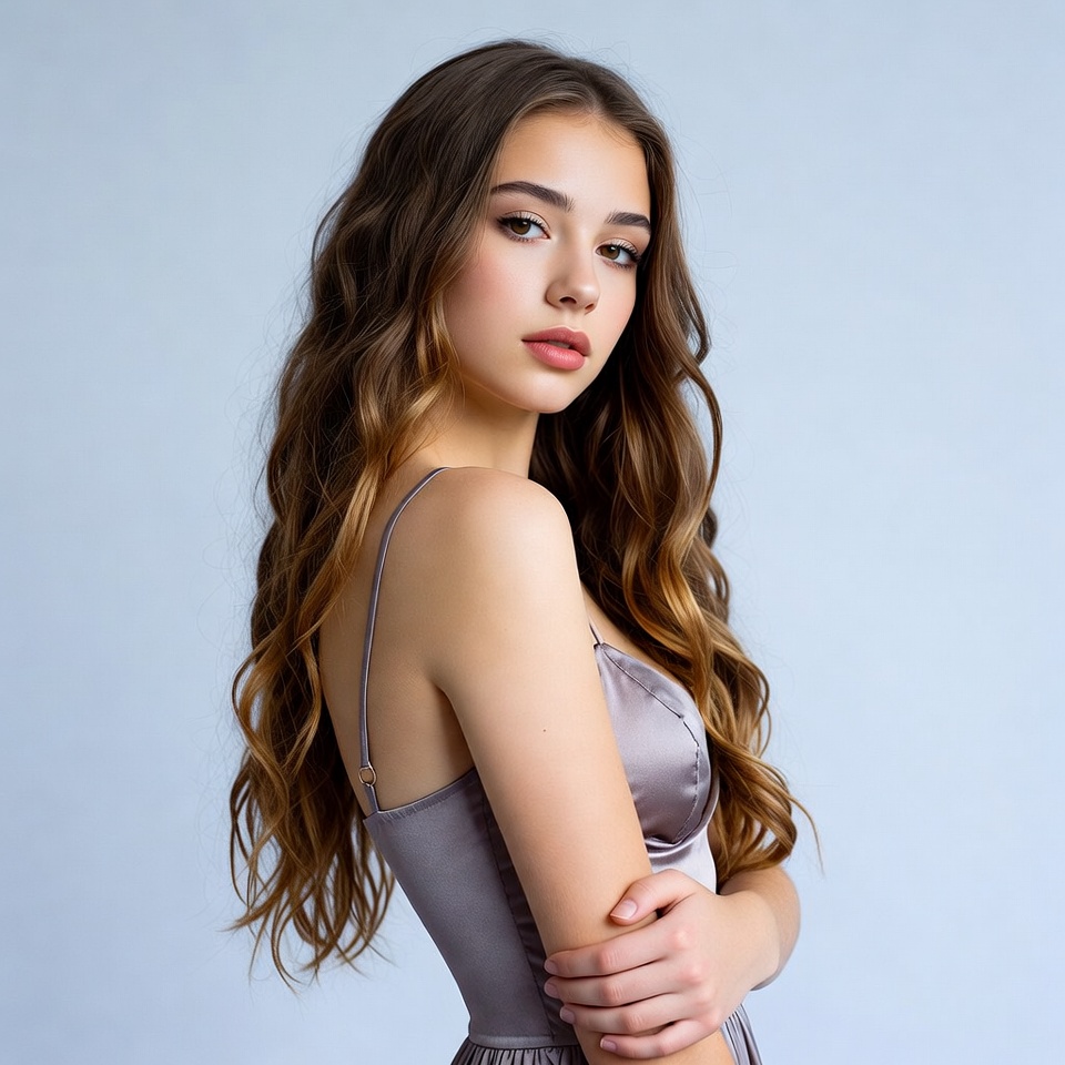 Young woman in gray slip dress Young woman in gray slip dress