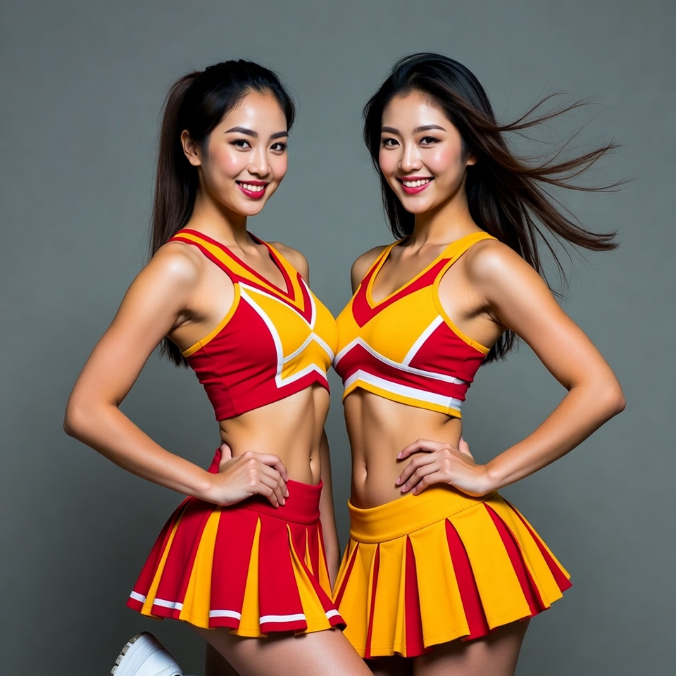 Two Asian cheerleaders posing together Two Asian cheerleaders posing together