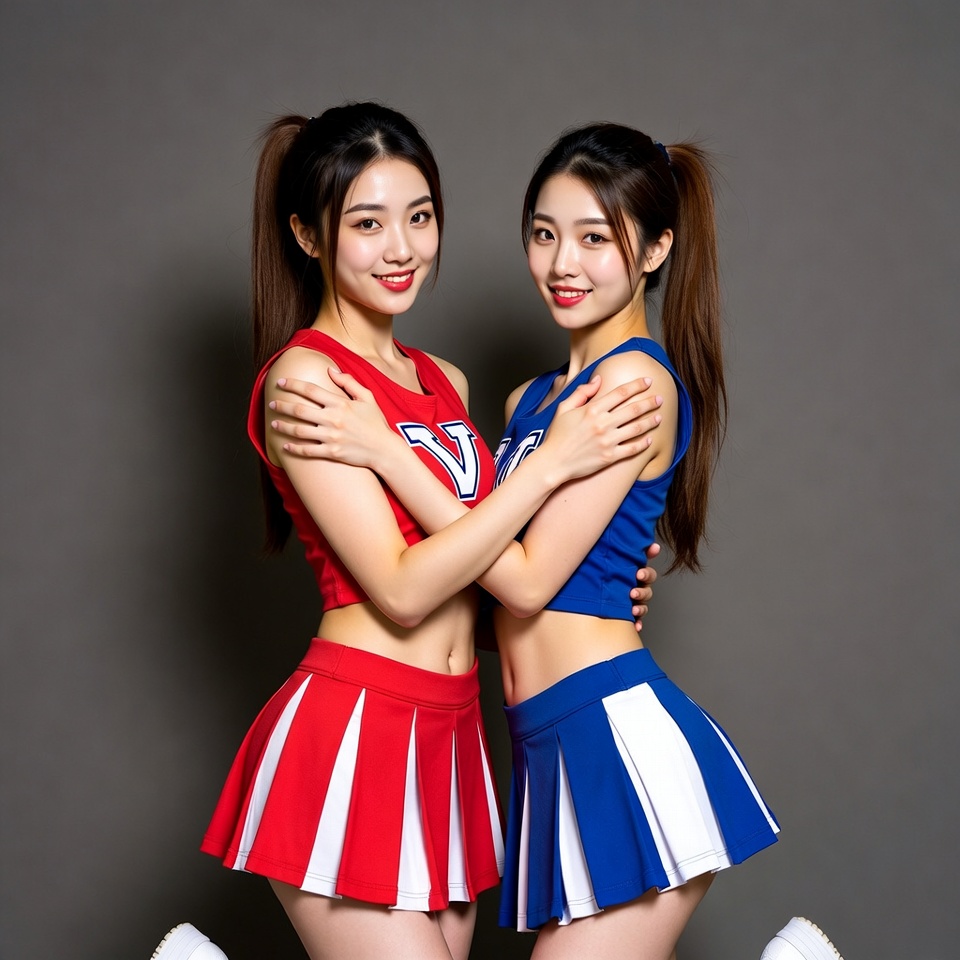 Asian cheerleaders hugging in uniforms Asian cheerleaders hugging in uniforms