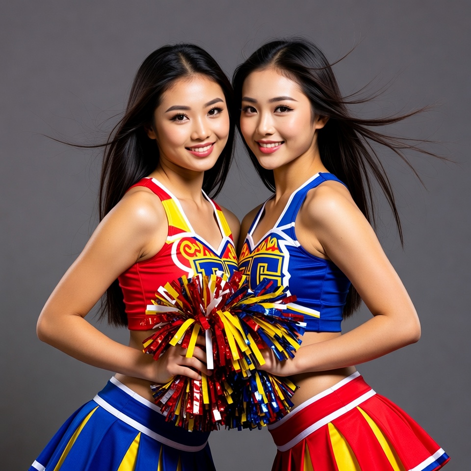 Two Asian cheerleaders with pom poms Two Asian cheerleaders with pom poms