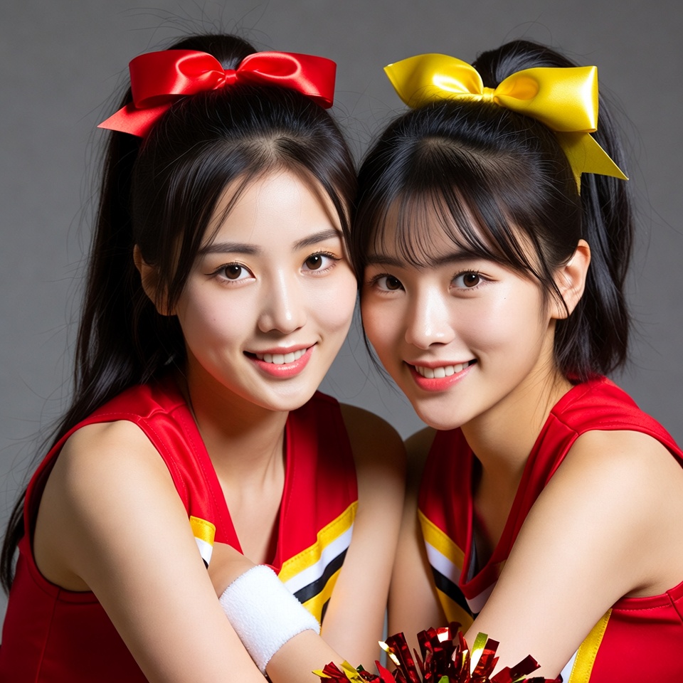 Two Asian cheerleaders with pom poms Two Asian cheerleaders with pom poms