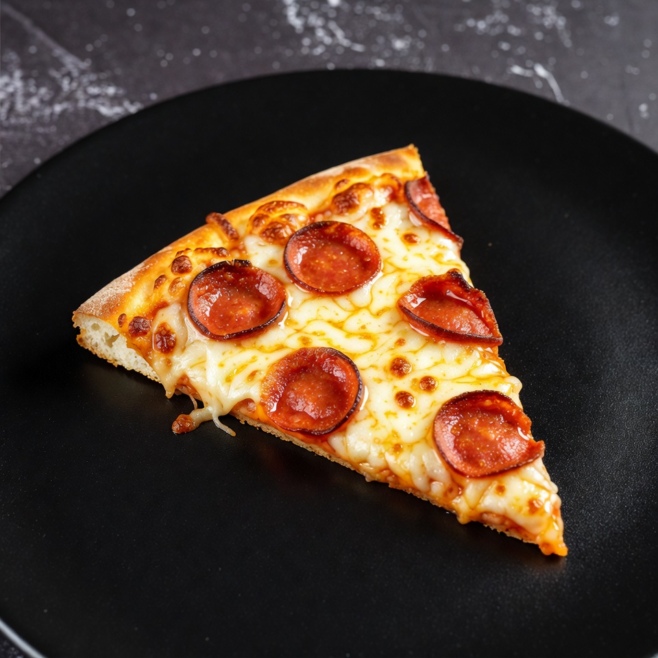 Pepperoni Pizza Slice on Black Plate Pepperoni Pizza Slice on Black Plate