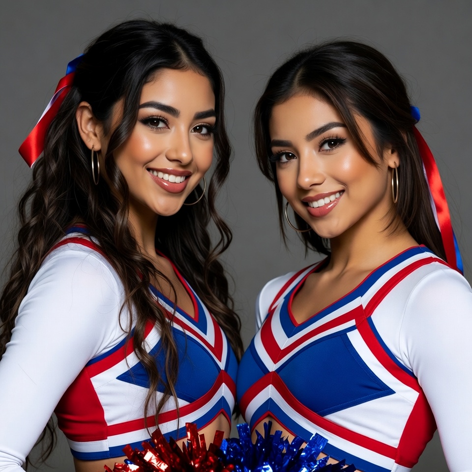 Two Latina cheerleaders smiling together Two Latina cheerleaders smiling together