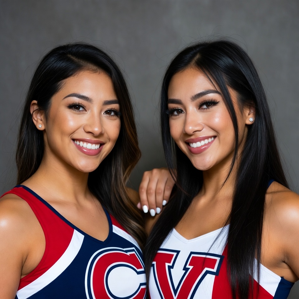 Two smiling Asian cheerleaders in uniforms Two smiling Asian cheerleaders in uniforms