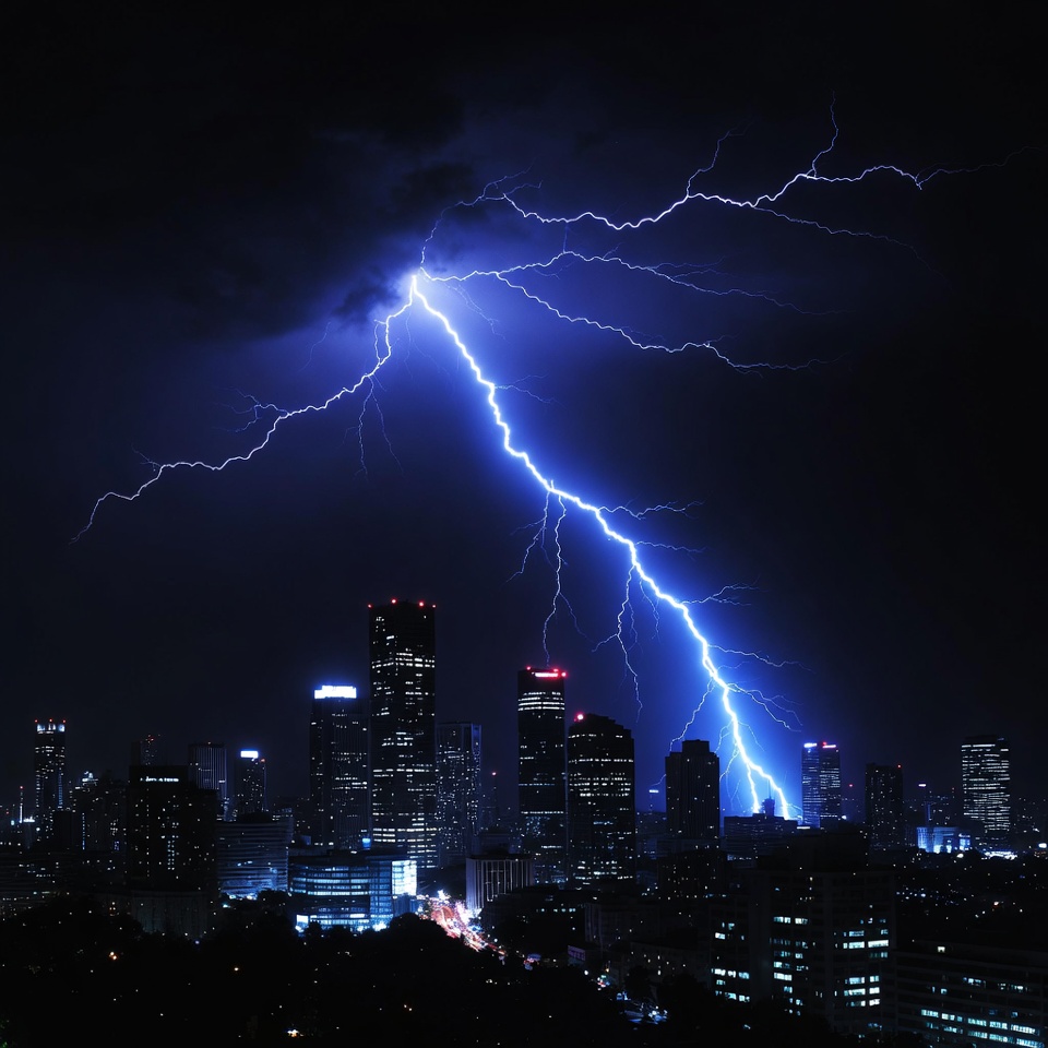 Lightning striking city skyline at night Lightning striking city skyline at night