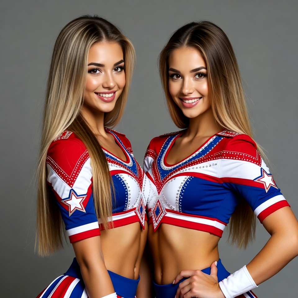 Twin cheerleaders in red white blue uniforms Twin cheerleaders in red white blue uniforms