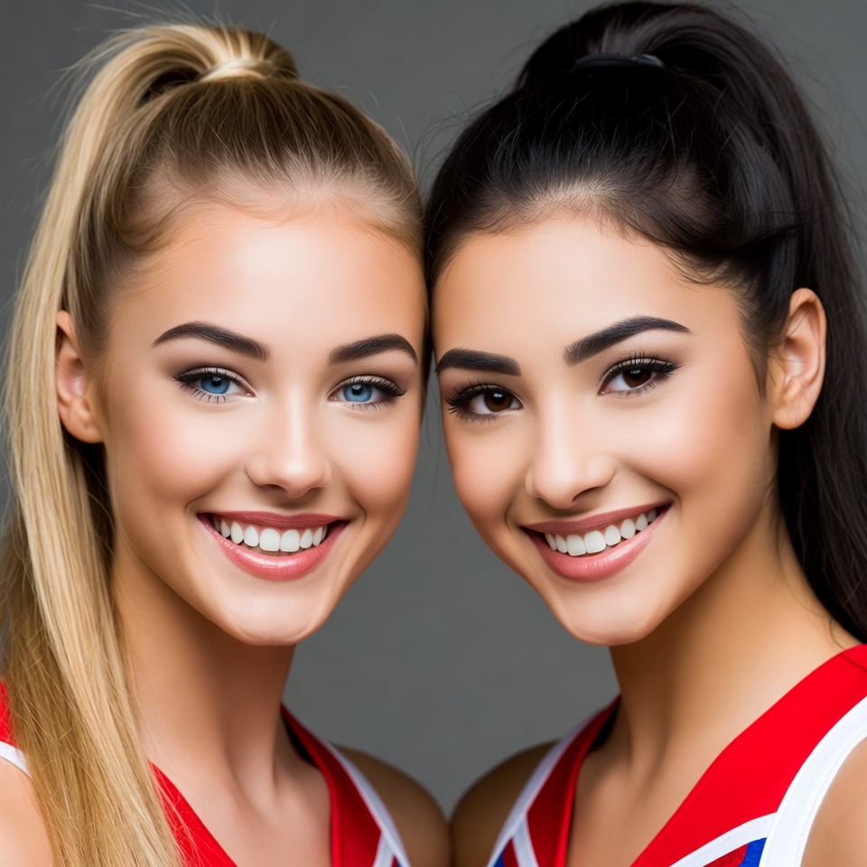 Two smiling cheerleaders with ponytails Two smiling cheerleaders with ponytails