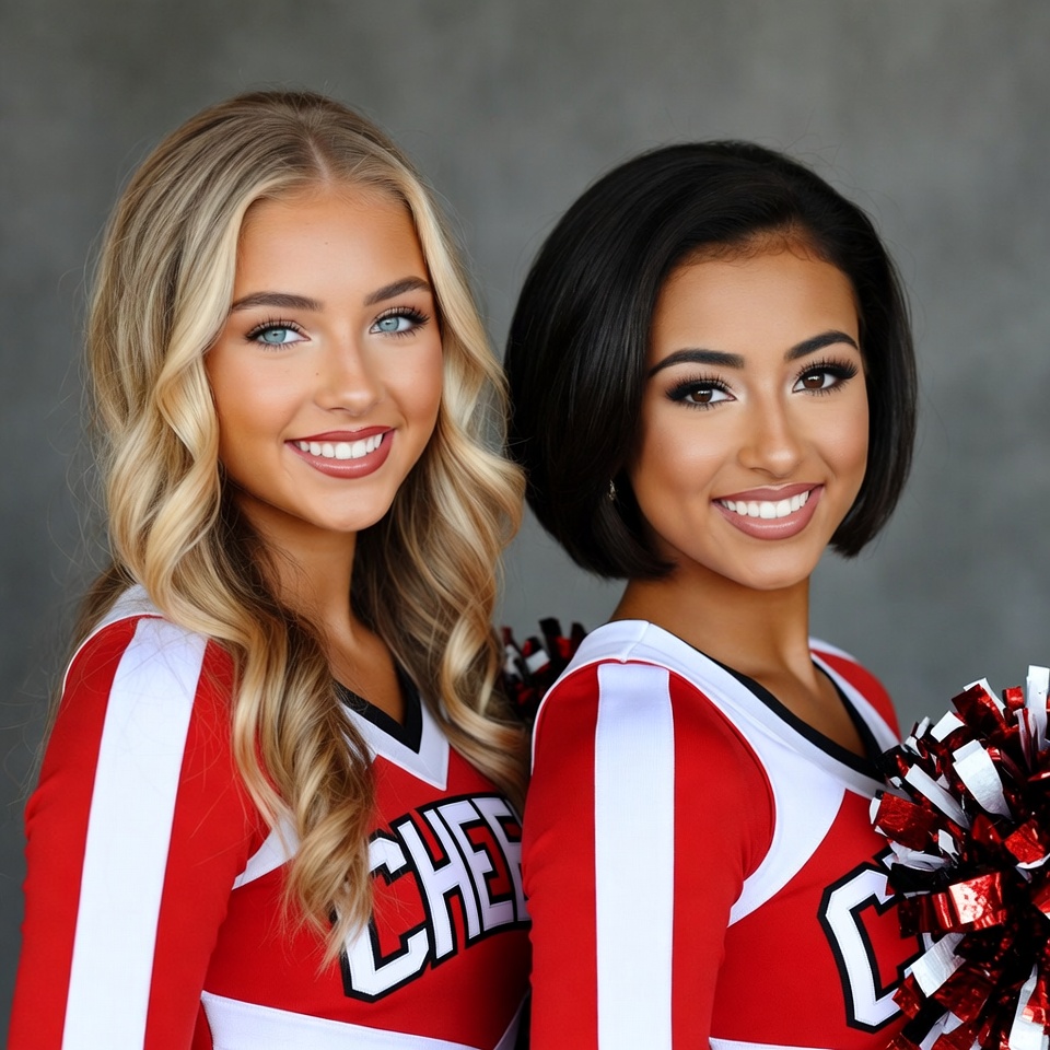 Two smiling cheerleaders in red uniforms Two smiling cheerleaders in red uniforms