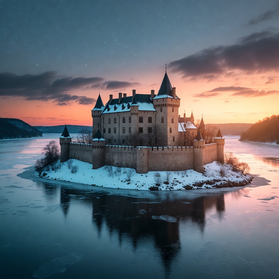Medieval Castle on Snowy Island Lake Medieval Castle on Snowy Island Lake