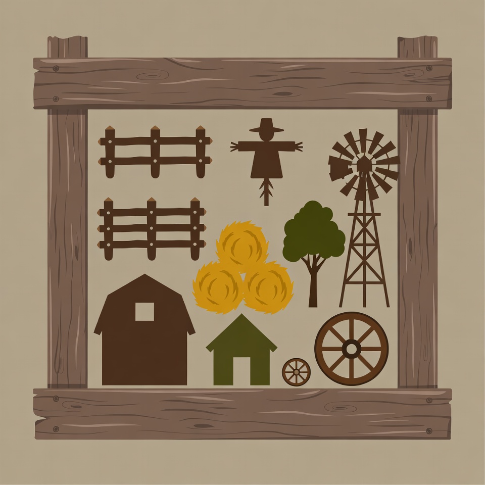 Farm Silhouette Clipart in Wooden Frame Farm Silhouette Clipart in Wooden Frame