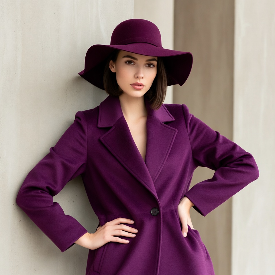 Woman in purple hat and coat Woman in purple hat and coat