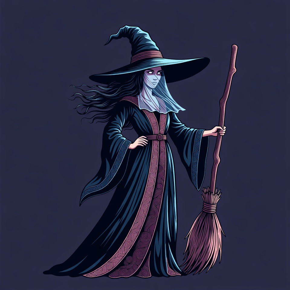 Witch holding broomstick illustration Witch holding broomstick illustration