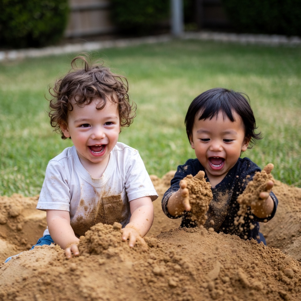 Two boys playing in backyard sand Two boys playing in backyard sand