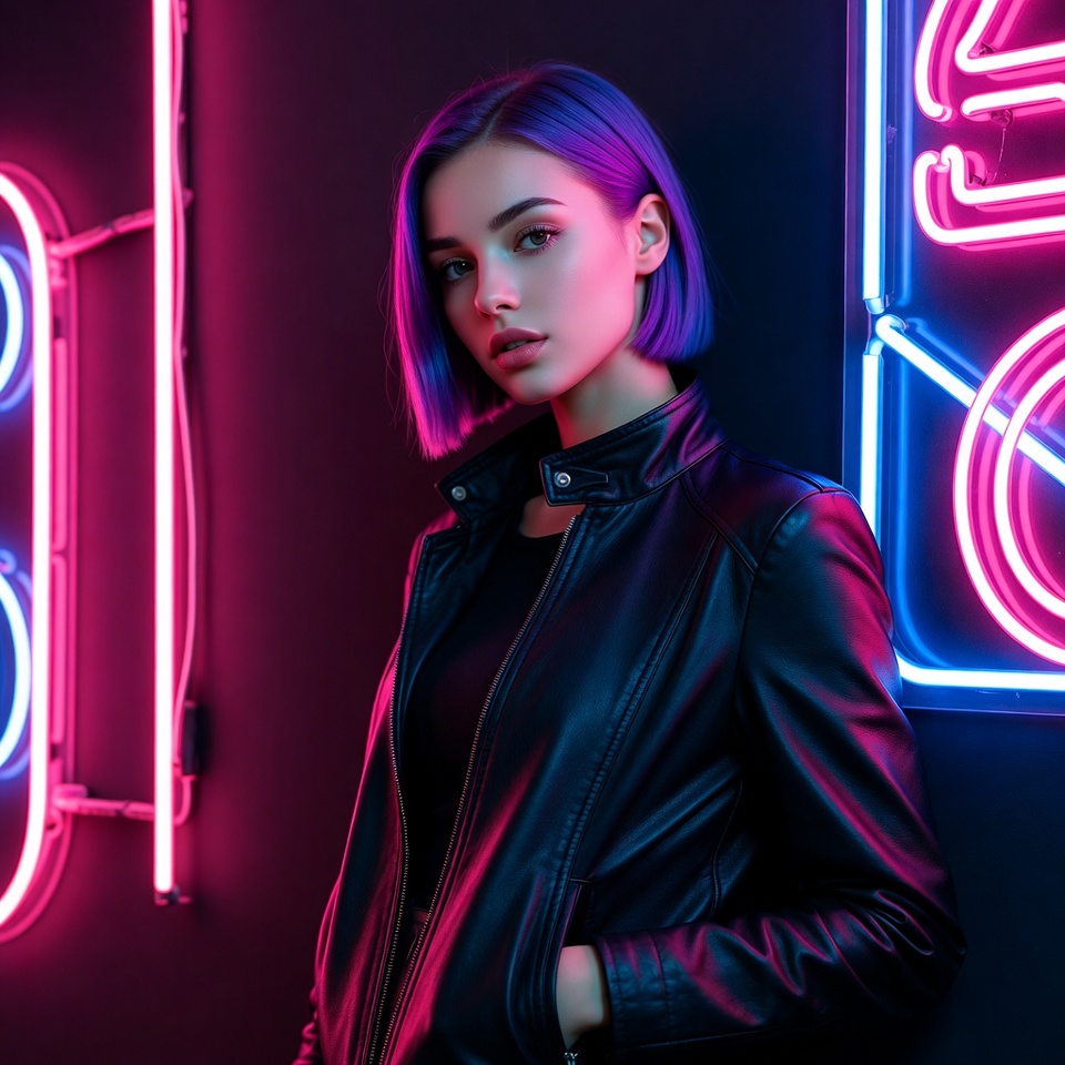 Woman with purple hair neon lights Woman with purple hair neon lights