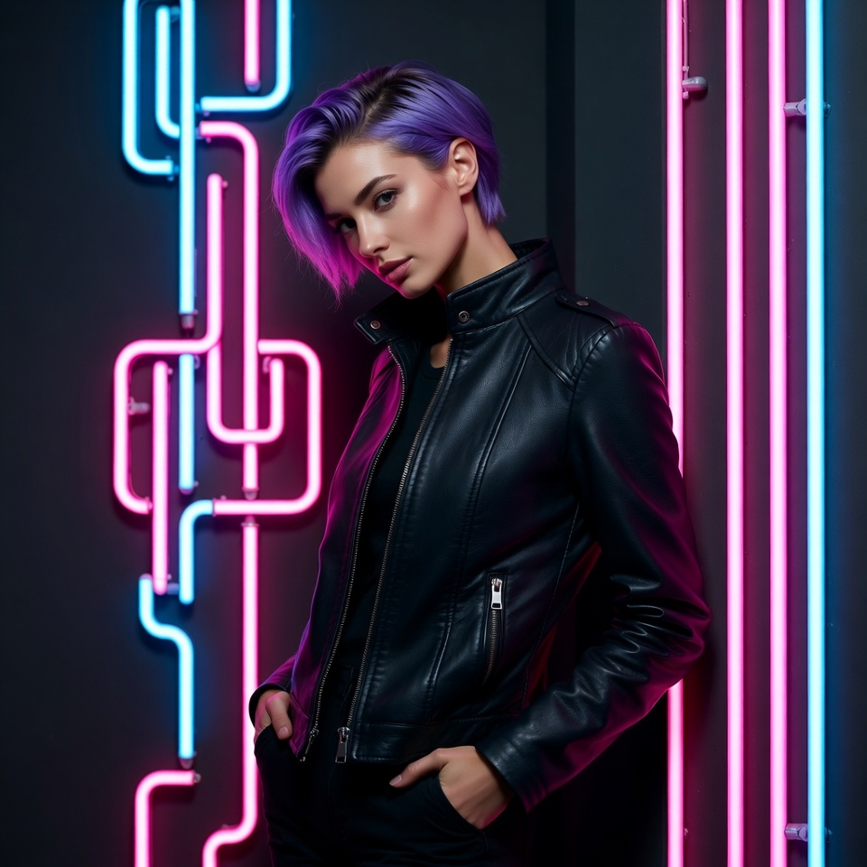 Woman with purple hair in neon lights Woman with purple hair in neon lights