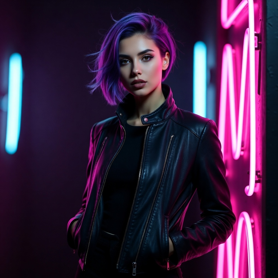 Woman with purple hair by neon signs Woman with purple hair by neon signs