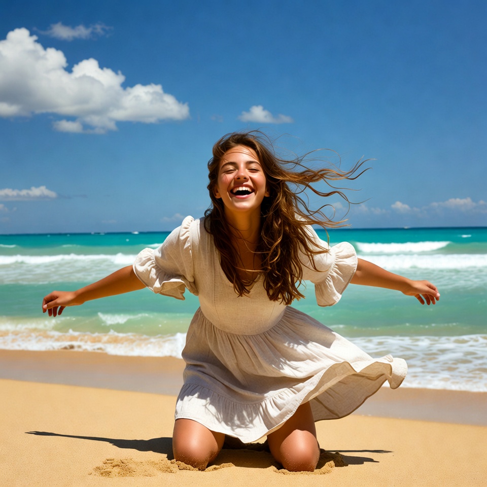 Woman kneeling laughing on beach Woman kneeling laughing on beach