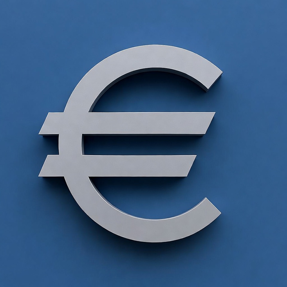 Silver Euro Symbol on Blue Background Silver Euro Symbol on Blue Background