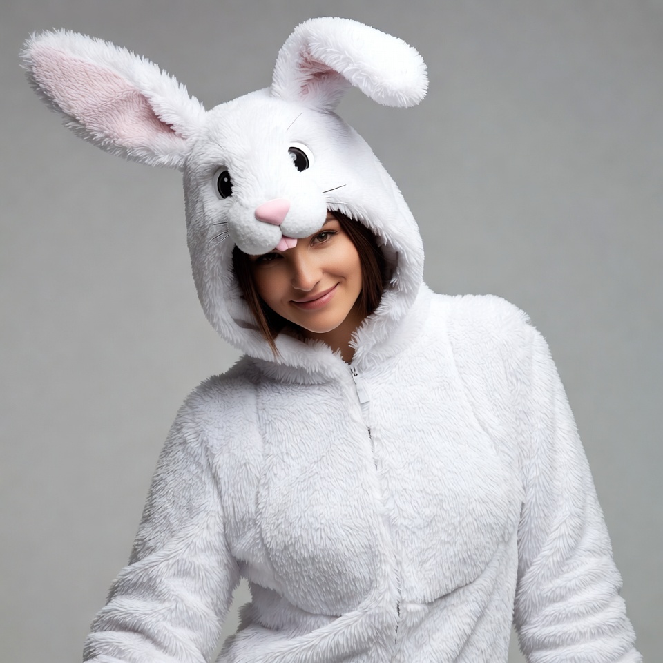 Woman in white bunny onesie Woman in white bunny onesie