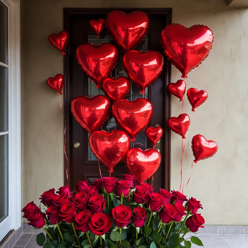 Red Heart Balloons and Roses at Door Red Heart Balloons and Roses at Door